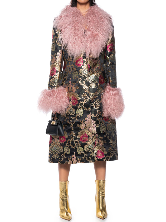 Detachable Faux Fur Patchwork Floral Print Coat（Free shipping）