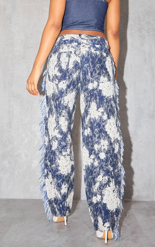 Blue Printed Jacquard Twill Tassel Side Trousers