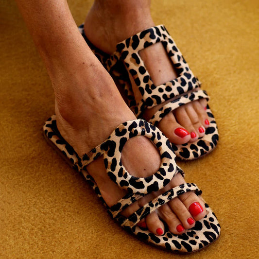 Leopard-Print Asymmetric Flat Slippers
