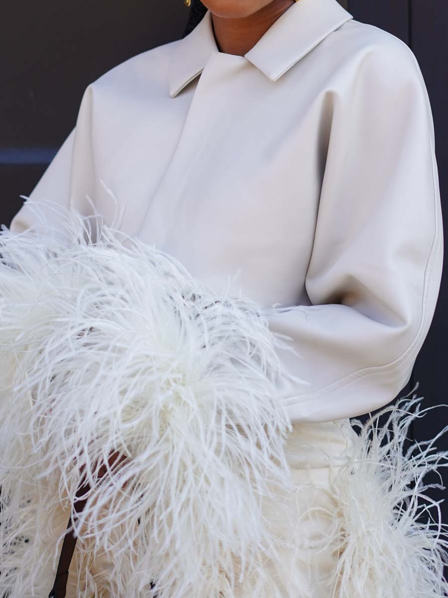 Feather Decoration Fashion Cropped Blazer & Pants（Free shipping）