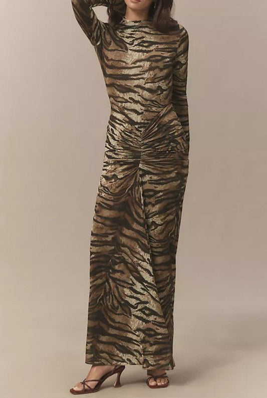 Tiger Striped Turtleneck Pleated Knit Maxi Dress