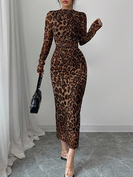 Leopard Print Dress With Long Sleeves And Pleats