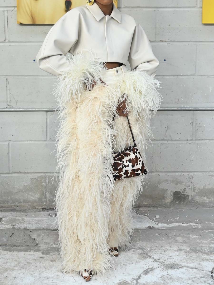 Feather Decoration Fashion Cropped Blazer & Pants（Free shipping）