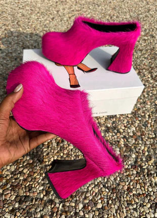 Long-haired Calfskin Slip-on High-heeled Mules