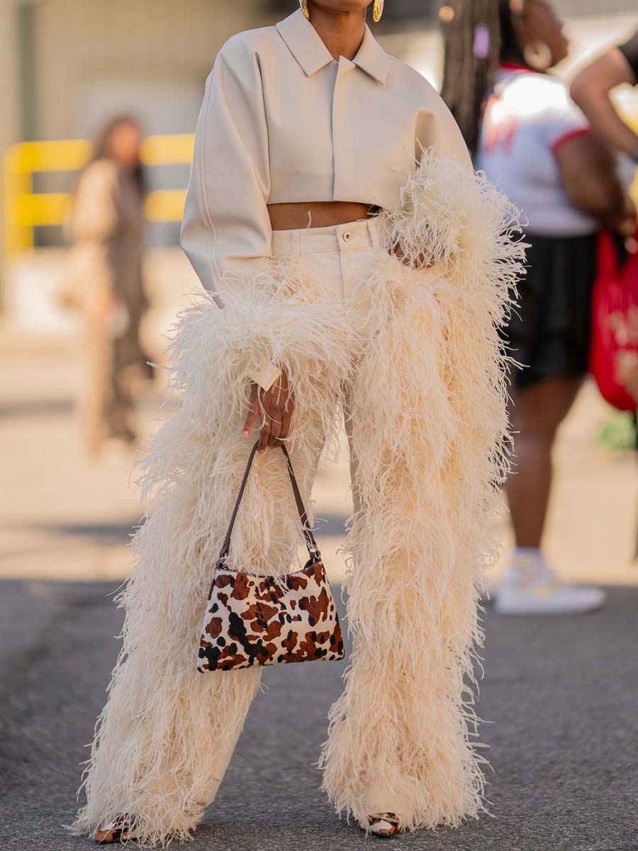 Feather Decoration Fashion Cropped Blazer & Pants（Free shipping）