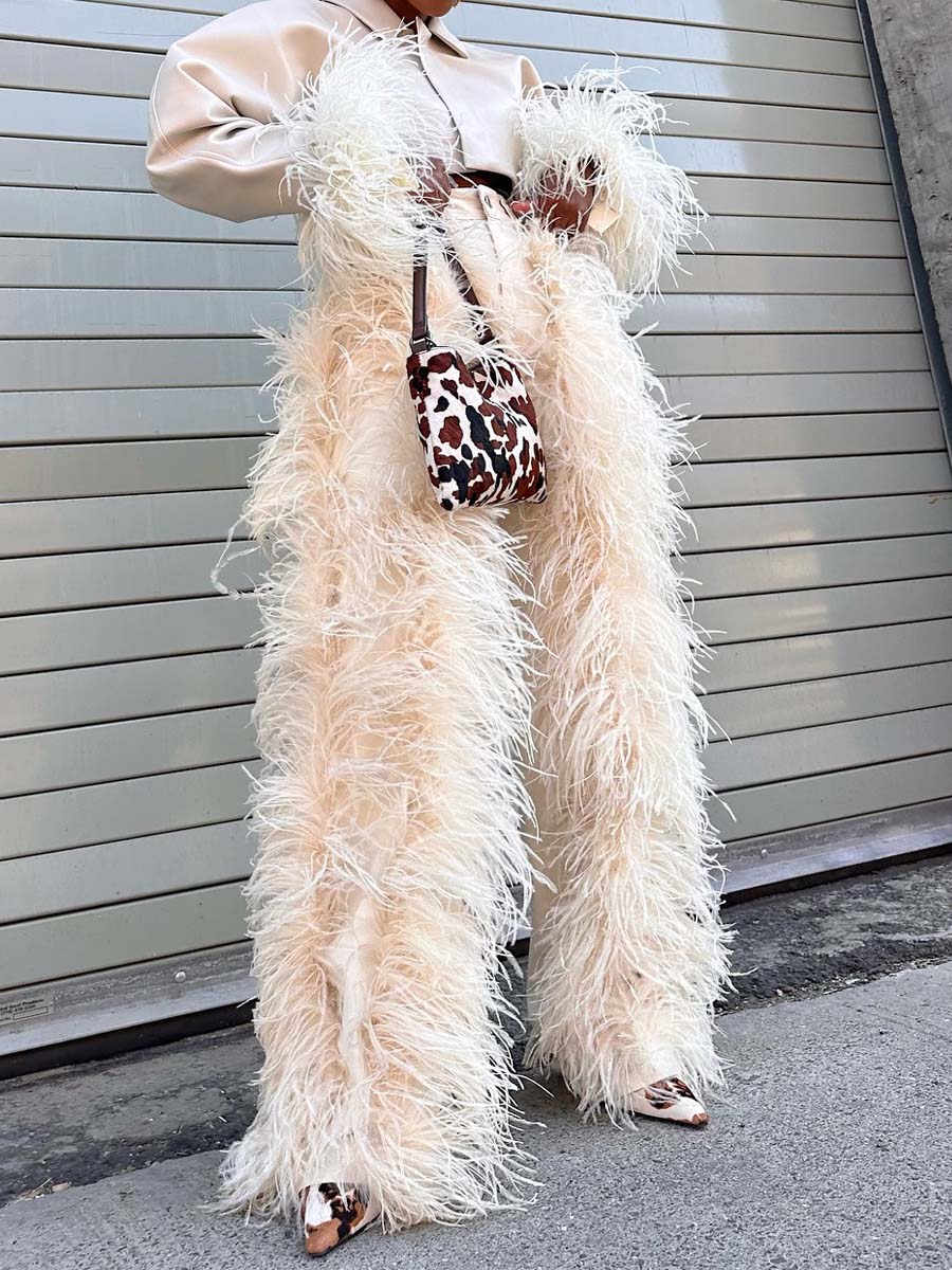 Feather Decoration Fashion Cropped Blazer & Pants（Free shipping）