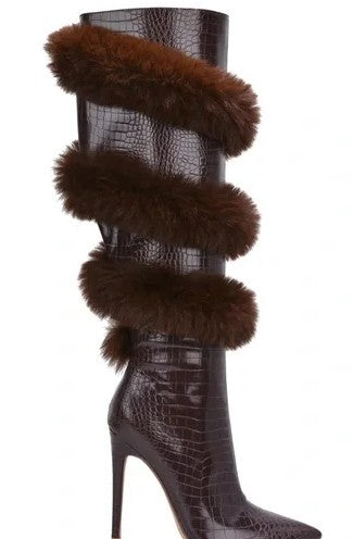 Pointed-toe Stiletto Heels With Rabbit Fur Zippers Over-the-knee Boots