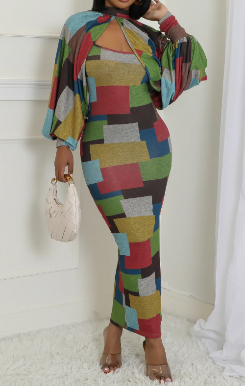 Colorblock Print Dress 2pc Set