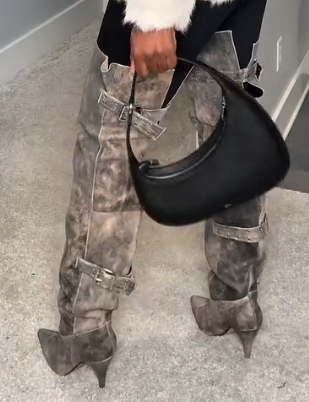 Grey Tie-dye Retro Over-the-knee Boots（Free shipping）