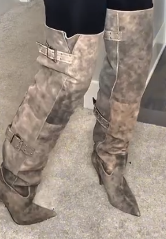 Grey Tie-dye Retro Over-the-knee Boots（Free shipping）