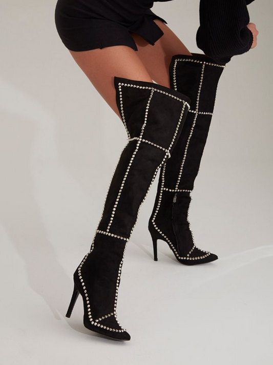 Studded Point-Top Suede Over-the-Knee Pumps（Free shipping）