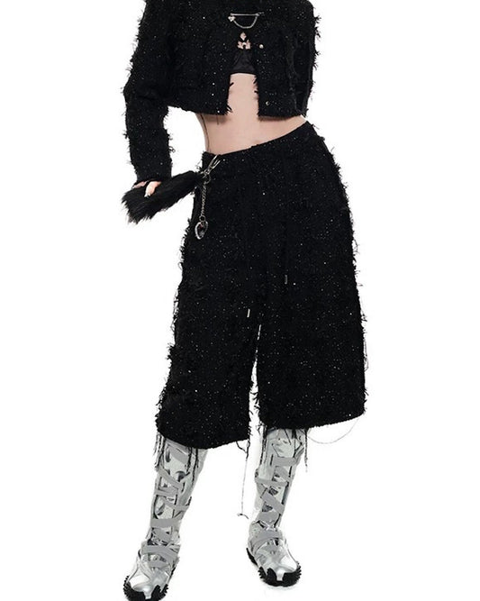 Tweed Bermuda Wide-Leg Pants