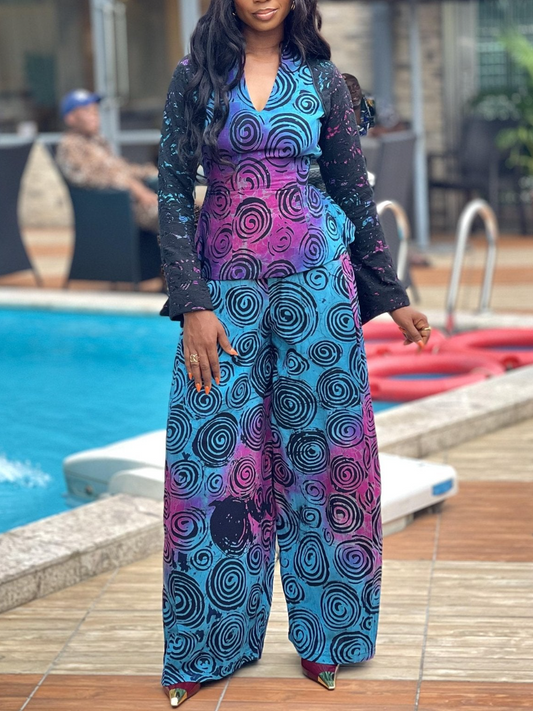 Lace-up Decorative Print Pants Set