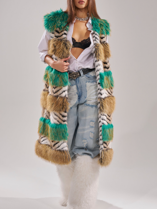 Faux Fur Multicolor Striped Sleeveless Coat（Free shipping）